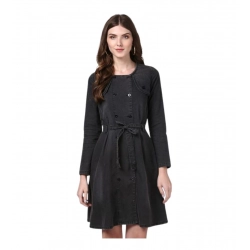 Women's Denim Washed Long Sleeves Dress (Black)