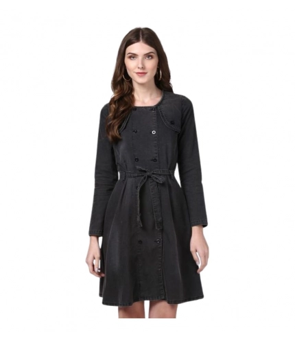Women's Denim Washed Long Sleeves Dress (Black)