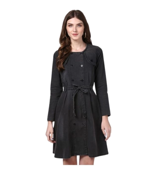 Women's Denim Washed Long Sleeves Dress (Black)