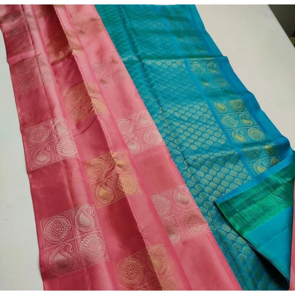 Women's Litchi silk Printed Saree With Unstitched Blouse (Peach With Turquise Green) Women's Litchi silk Printed Saree With Unstitched Blouse (Peach With Turquise Green)