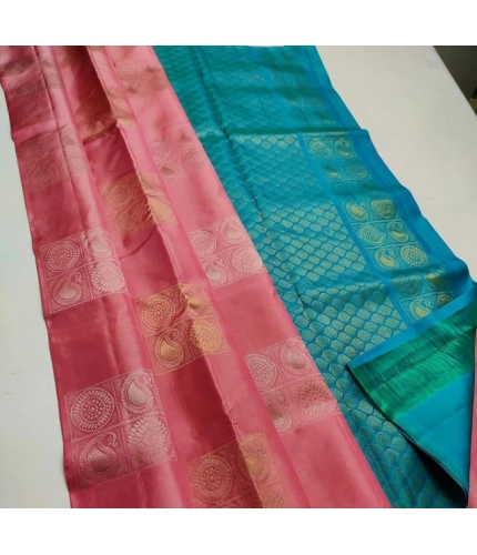 Women's Litchi silk Printed Saree With Unstitched Blouse (Peach With Turquise Green)