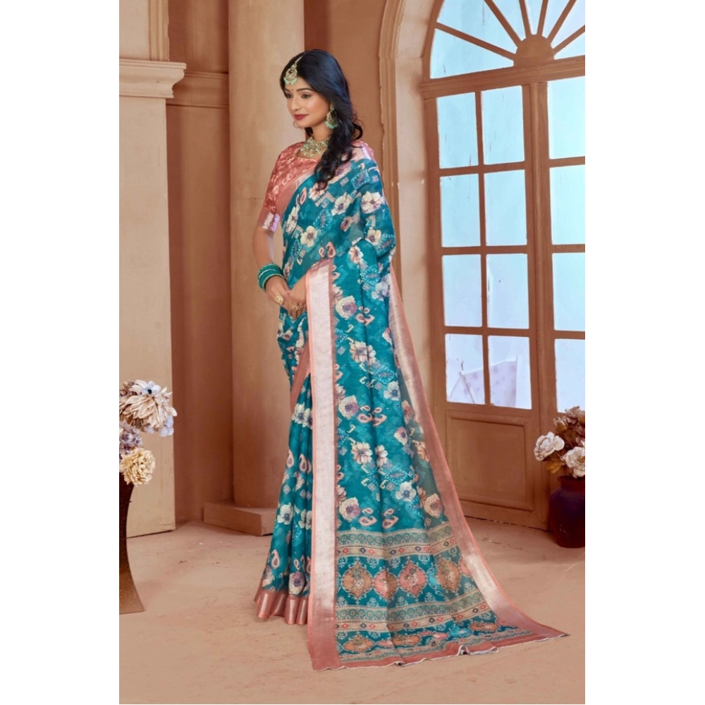Women's Printed Cotton Linen Saree withPrinted Saree With Unstitched Blouse (Peacook Green, 5-6Mtrs) Women's Printed Cotton Linen Saree withPrinted Saree With Unstitched Blouse (Peacook Green, 5-6Mtrs)