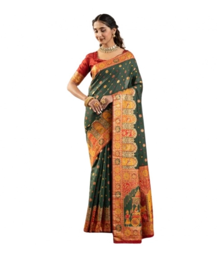 Women's Faux_Banarasi Woven Motifs Saree With Unstitched Blouse 5.5Mtr (Dark_Green)