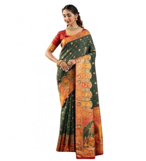 Women's Faux_Banarasi Woven Motifs Saree With Unstitched Blouse 5.5Mtr (Dark_Green)