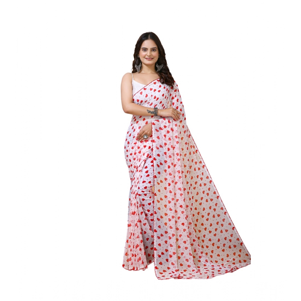 Women's Georgette Printed Saree With Unstitched Blouse 5.5Mtr (White-Red) Women's Georgette Printed Saree With Unstitched Blouse 5.5Mtr (White-Red)