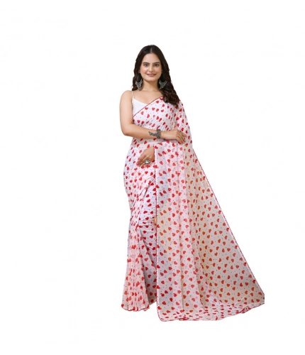 Women's Georgette Printed Saree With Unstitched Blouse 5.5Mtr (White-Red)