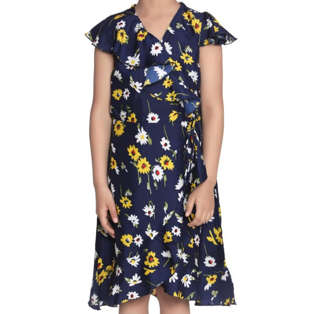 Girl's Polyester Crepe Polka Cold Shoulder Dress (Navy Blue)