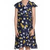 Girl's Polyester Crepe Polka Cold Shoulder Dress (Navy Blue)