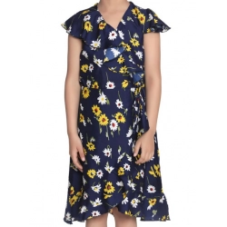 Girl's Polyester Crepe Polka Cold Shoulder Dress (Navy Blue)