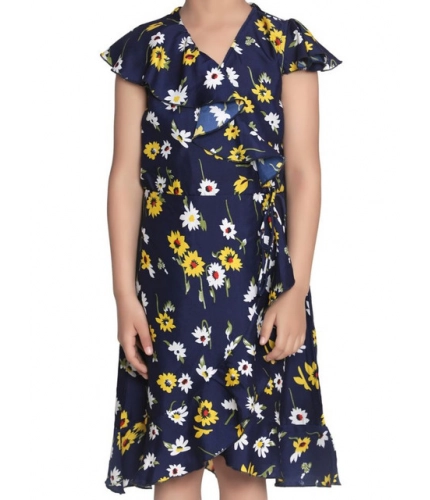 Girl's Polyester Crepe Polka Cold Shoulder Dress (Navy Blue)