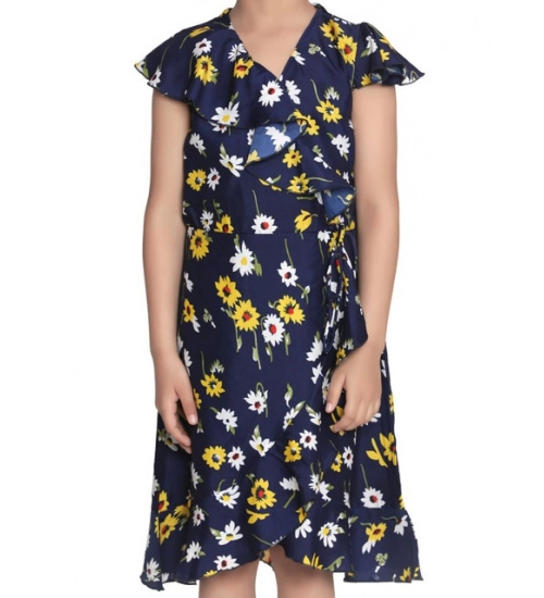 Girl's Polyester Crepe Polka Cold Shoulder Dress (Navy Blue)