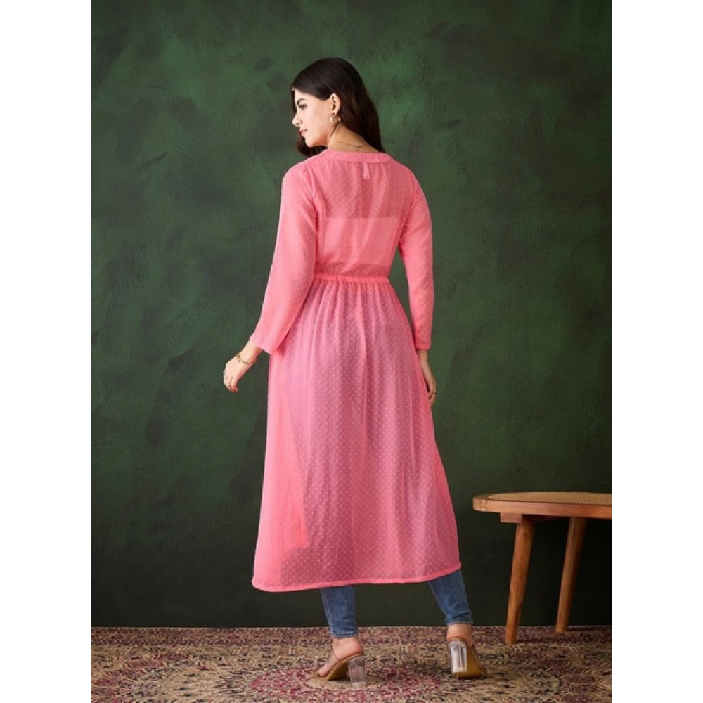 Women's Chiffon Self Design Long Sleeves Shrug (Pink)