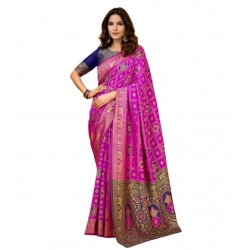 Women's Silk Blend Woven Zari Work Saree With Unstitched Blouse 5.5Mtr (Pink)