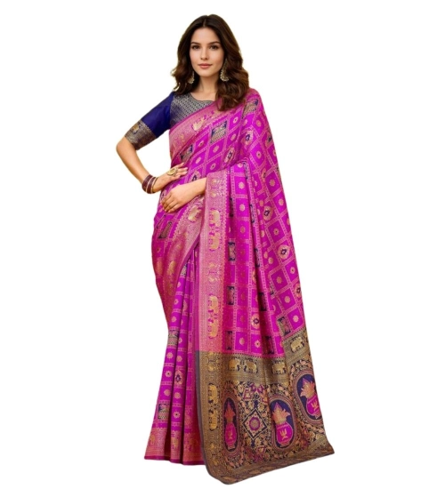 Women's Silk Blend Woven Zari Work Saree With Unstitched Blouse 5.5Mtr (Pink)