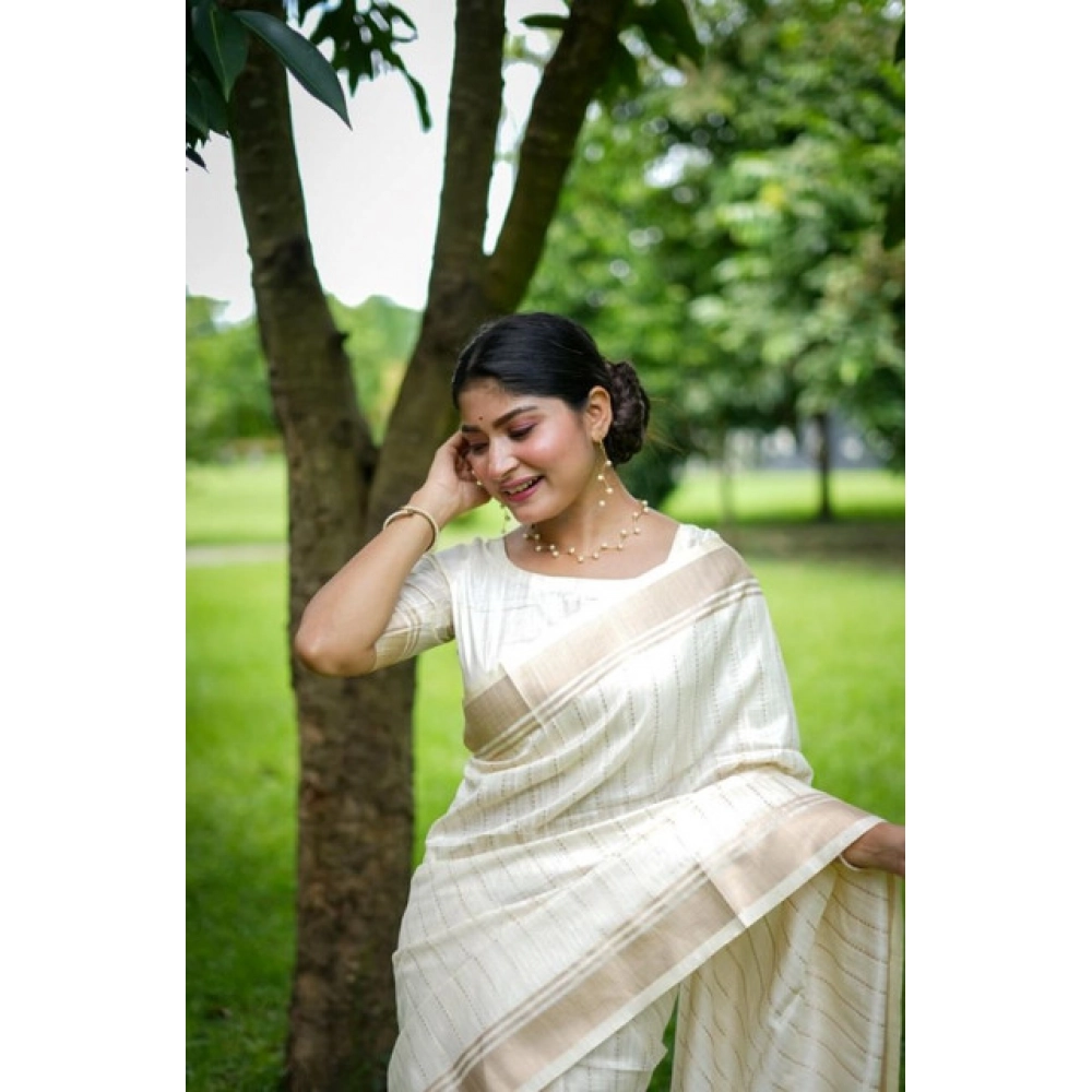 Women's Faux_Banarasi Lining Pattern Saree With Unstitched Blouse 5.5Mtr (Off_White) Women's Faux_Banarasi Lining Pattern Saree With Unstitched Blouse 5.5Mtr (Off_White)