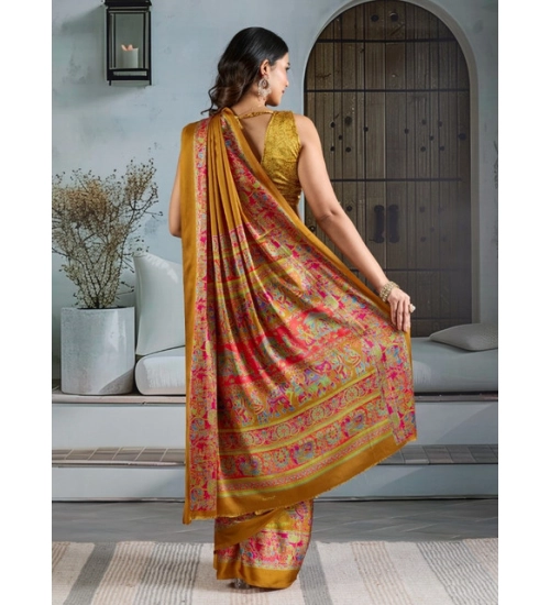 Women's Satin Crepe Printed Saree With Unstitched Blouse 5.5Mtr (Mustard)