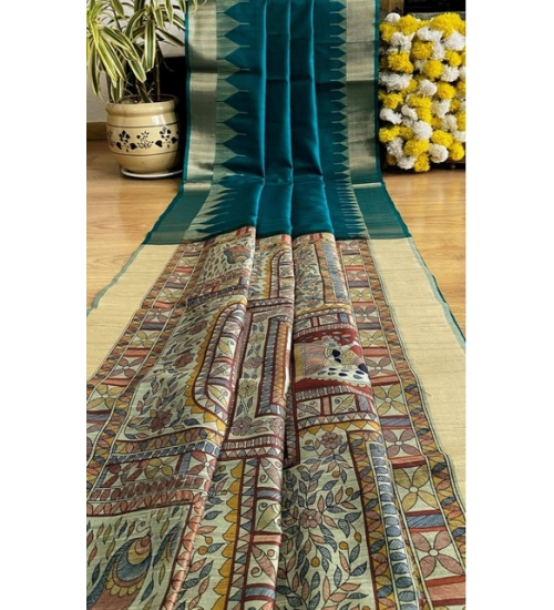 Women's Tussar Silk Madhubani Saree With Unstitched Blouse 5.5Mtr (Rama)