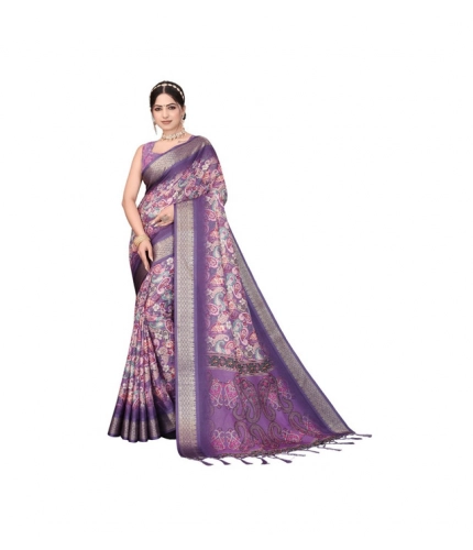 Women's Cotton Silk  Printed Saree With Unstitched Blouse 5.5Mtr (Purple)