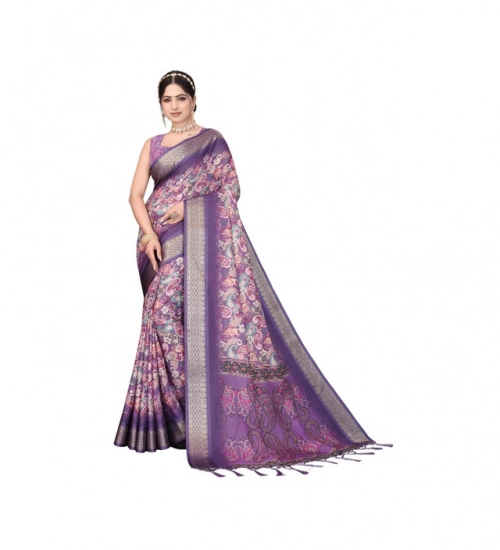 Women's Cotton Silk  Printed Saree With Unstitched Blouse 5.5Mtr (Purple)