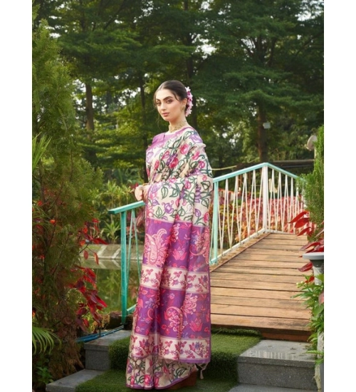 Women's Faux_Tussar Kalamkari_Print Saree With Unstitched Blouse 5.5Mtr (Purple)