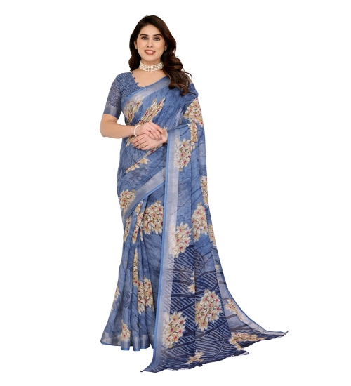 Women's Georgette Printed Saree With Unstitched Blouse 5.5Mtr (Blue)