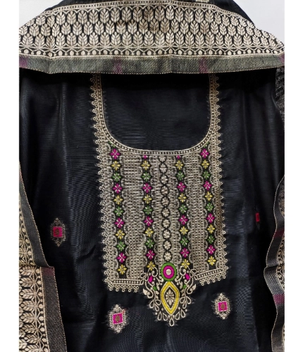 Women's Banarasi Silk Printed Unstitched Salwar Suit Material With Dupatta (Black, 3Mtrs)