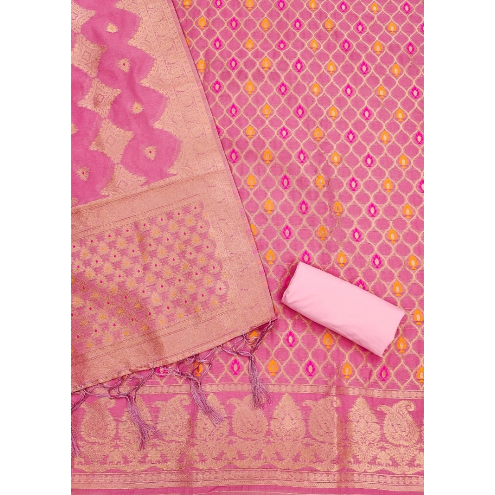 Women's Banarasi Silk Printed Unstitched Salwar Suit Material With Dupatta (Pink, 3Mtrs)