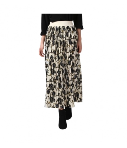 Women's Georgette Chain Print Elasticated Skirt (Cream-Black)