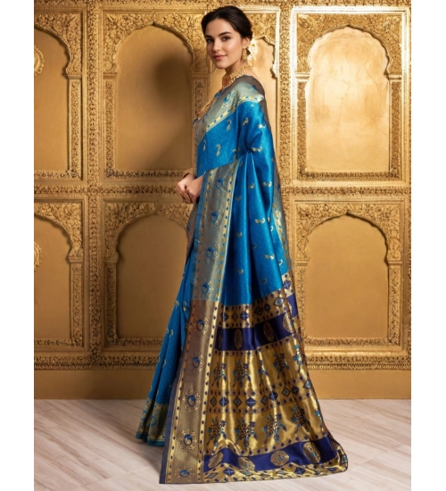 Women's Silk Blend Zari Weaving Saree With Unstitched Blouse 5.5Mtr (Aqua)