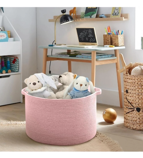 Cotton 14x12 Inch Pack of 1 Storage Basket For Clothes (Pink)