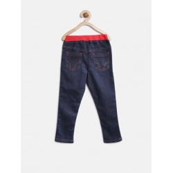 Girl's Denim Ribbed Elasticated Jeans (Red-Blue)