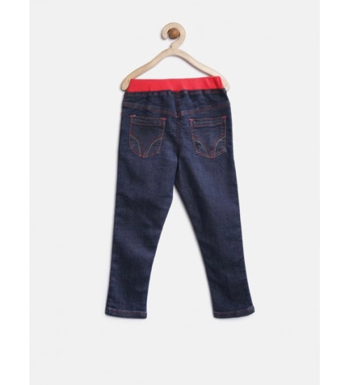 Girl's Denim Ribbed Elasticated Jeans (Red-Blue)