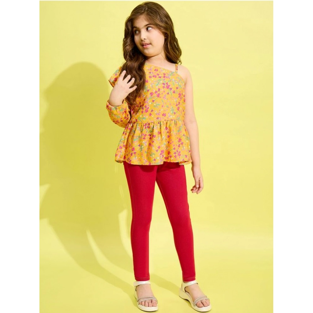 Girl's Polyester Floral One Shoulder Jeggings Set (Yellow-Red)