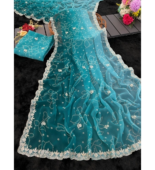 Women's Digital Printed  Georgette Saree With Unstitched Blouse (Blue, 5-6 Mtrs)