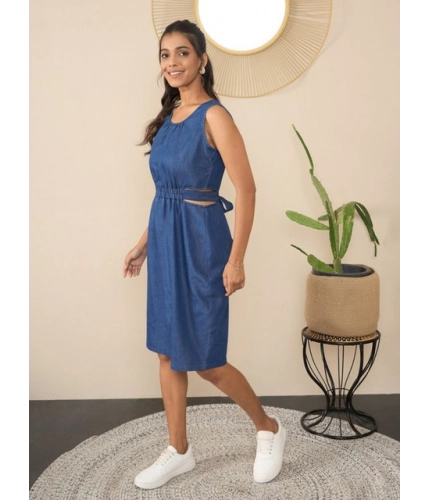 Women's Denim Solid Sleeveless Dress (Blue)