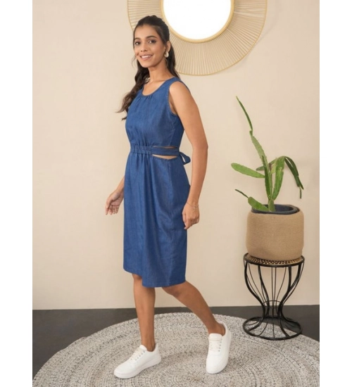 Women's Denim Solid Sleeveless Dress (Blue) Women's Denim Solid Sleeveless Dress (Blue)