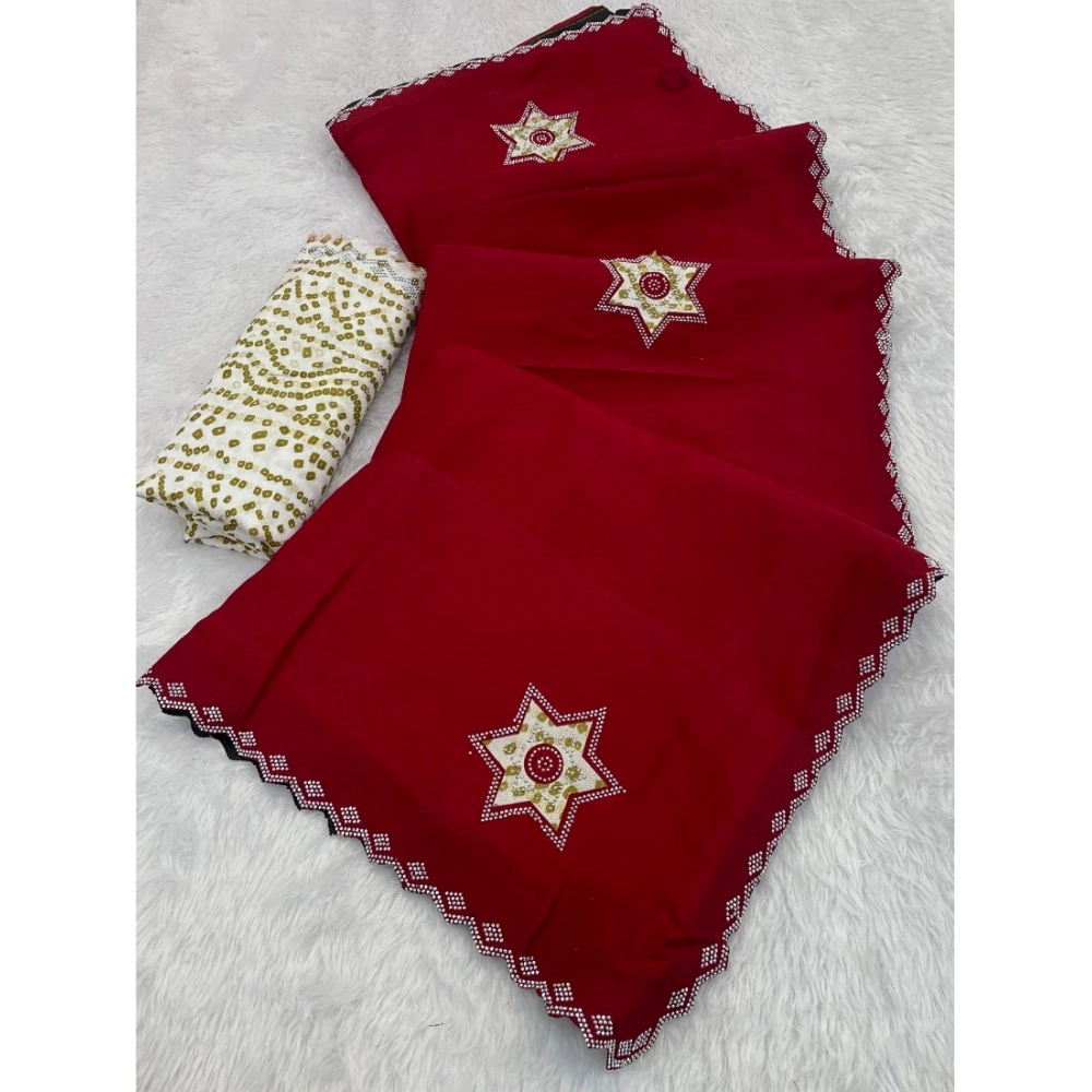 Women's Chiffon Butti Dotted Saree With Unstitched Blouse 5.5Mtr (Red)