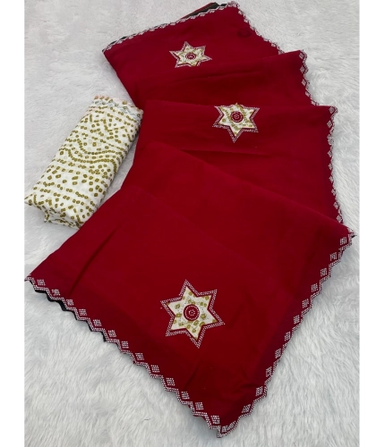 Women's Chiffon Butti Dotted Saree With Unstitched Blouse 5.5Mtr (Red)