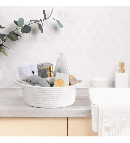 Cotton 8x3 Inch Round Bedside Organizer (White) Cotton 8x3 Inch Round Bedside Organizer (White)