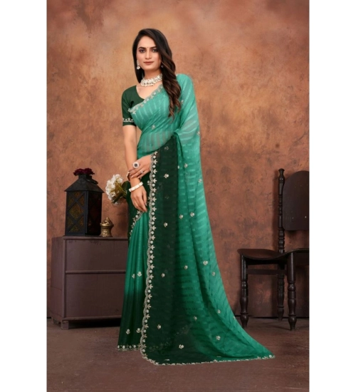Women's Chiffon Embroidred Saree With Unstitched Blouse 5.5Mtr (Dark Green)