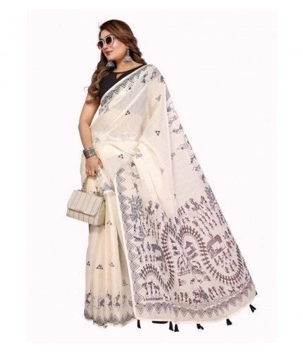 Women's Linen Cotton Printed Saree With Unstitched Blouse 5.5Mtr (Off White)
