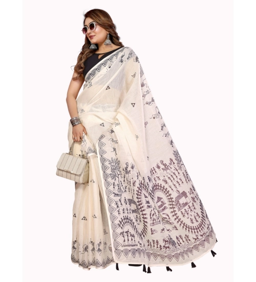 Women's Linen Cotton Printed Saree With Unstitched Blouse 5.5Mtr (Off White)