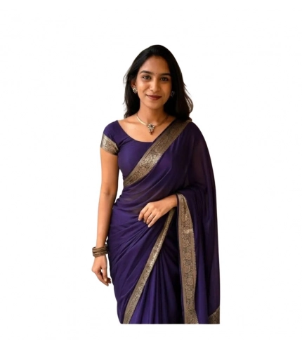 Women's Vichitra Silk Printed Saree With Unstitched Blouse 5.5Mtr (Purple)