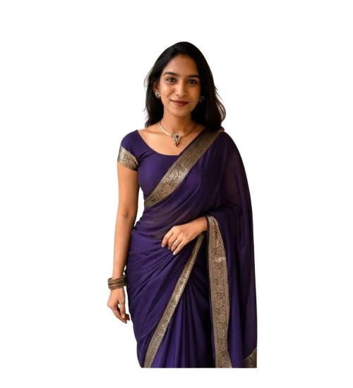 Women's Vichitra Silk Printed Saree With Unstitched Blouse 5.5Mtr (Purple)