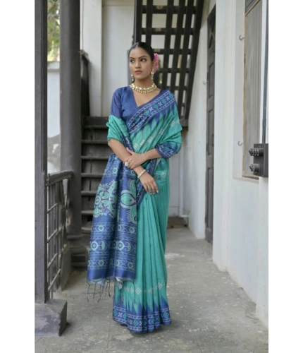 Women's Faux_Tussar Ikat Saree With Unstitched Blouse 5.5Mtr (Sea_Green)