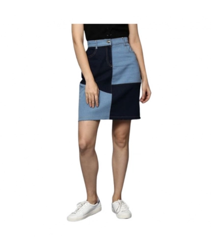 Women's Denim Brick Style Buttoned Skirt (Blue)