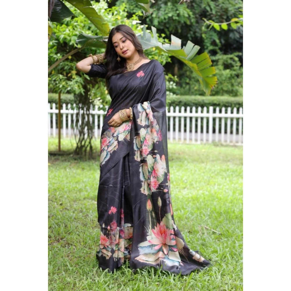 Women's Faux_Tussar Floral Saree With Unstitched Blouse 5.5Mtr (Black) Women's Faux_Tussar Floral Saree With Unstitched Blouse 5.5Mtr (Black)