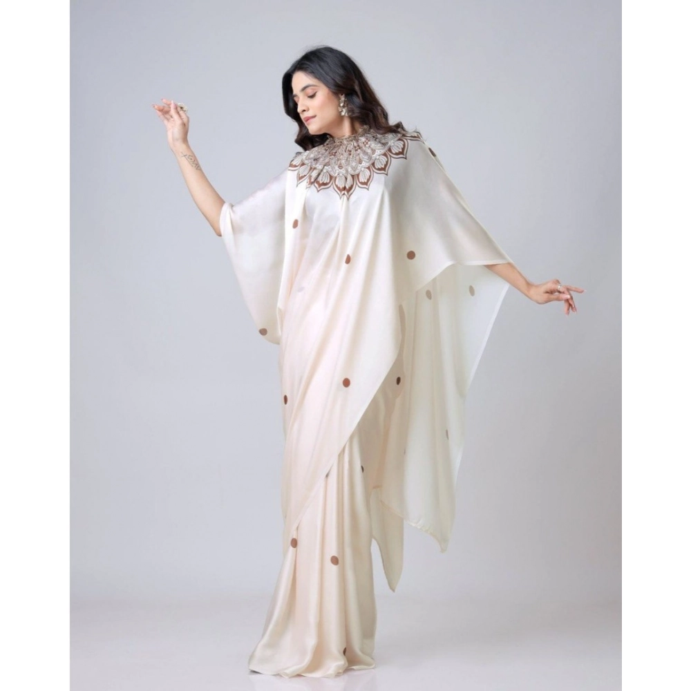 Women's Soft Crepe Silk Printed Ready To Wear Saree With Unstitched Blouse 5.5Mtr (Off White)