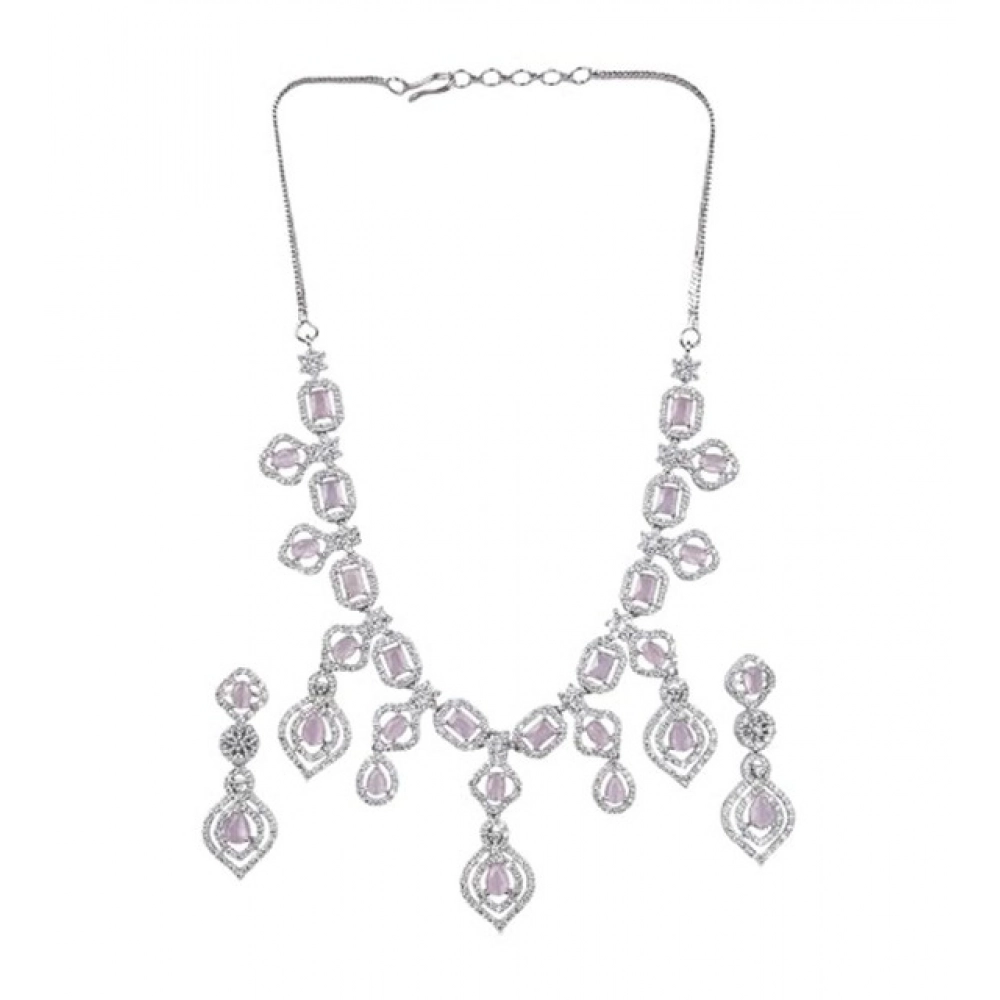 Women's Brass Silver Plated Necklace set (Pink)