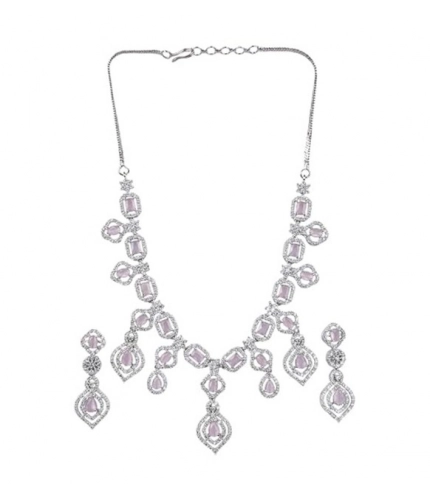 Women's Brass Silver Plated Necklace set (Pink)